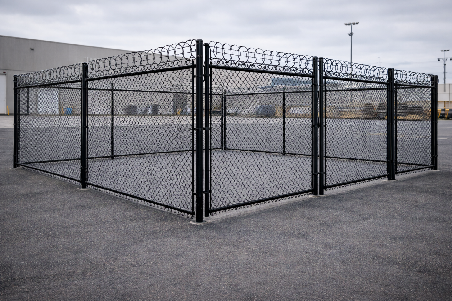 Commercial chain link security gate with barbed wire installation company in the Canton Georgia area.