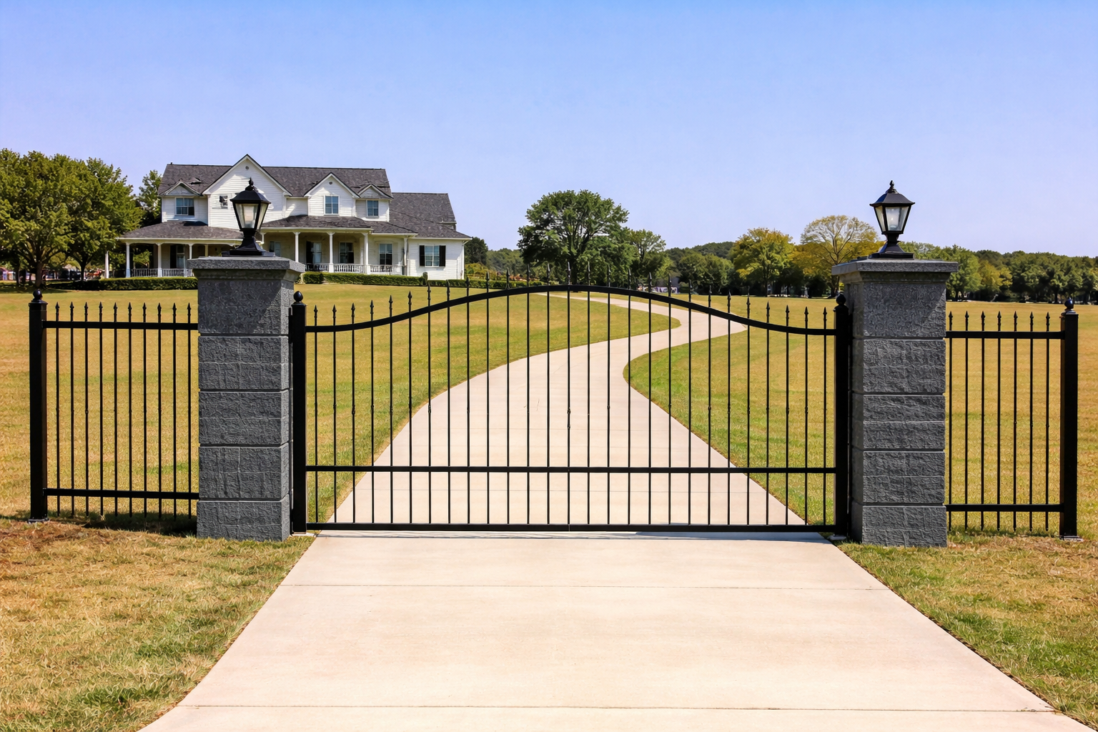 Fence with dark gray stucco and double slatted columns in Canton Georgia