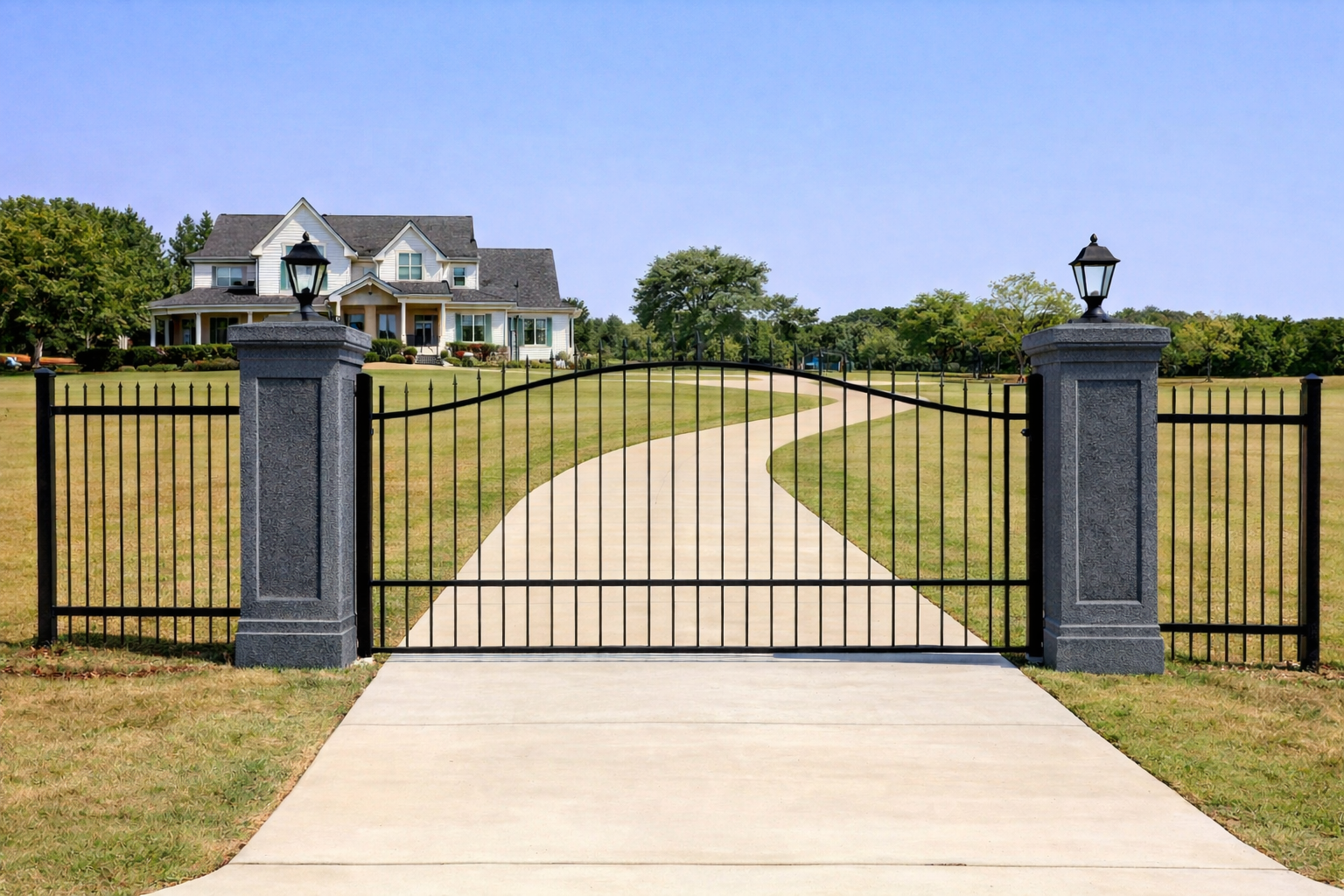 Fence with decorative gray granite columns in Canton Georgia